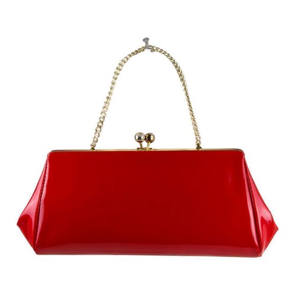 VINTAGE PATENT RED VINYL FRAME KISS LOCK CHAIN SATCHEL HANDBAG CLUTCH - Picture 1 of 9